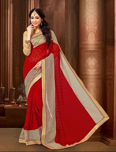 Red And Cream Designer Wedding Saree