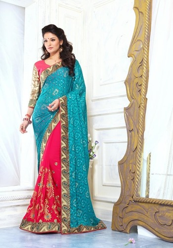 Sky Blue And Pink Half Anf Half Saree
