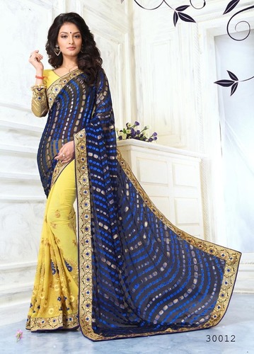 Blue And Yellow Traditional Half & Half Saree