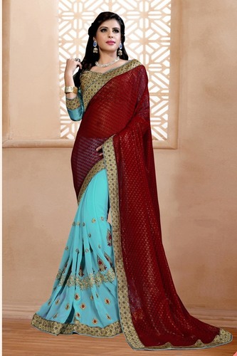 Red And Sky Blue Embroidered Saree With Embroidered Blouse