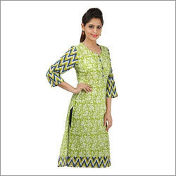 Ladies Printed Kurti - Cotton, Long Sleeve, Green Jacquard | Breathable, Eye-Catching Floral Designs, Hand-Dyed, Washable