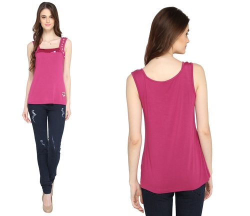 Bedazzle Casual Sleeveless Embellished Women's Pink Top