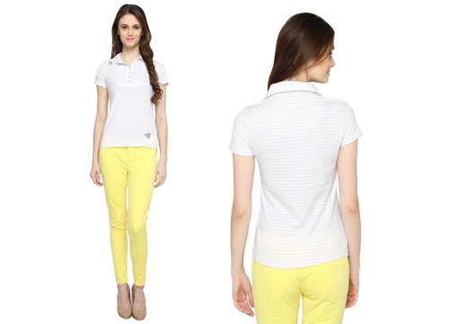 Bedazzle Solid Women's Polo Neck T-Shirt - Cotton, S-XL, White | Soft Fabric, Breathable, Moisture-Wicking, Stylish Design