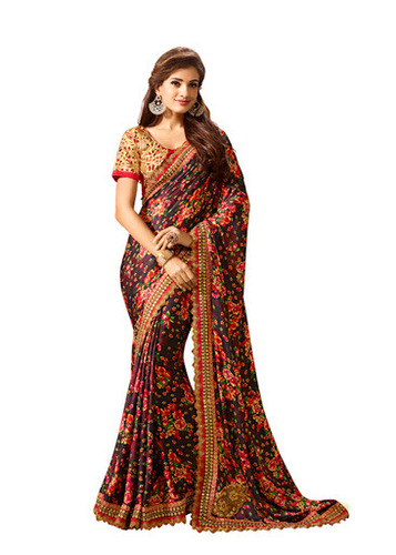 Embroidered Fab Wine Georgette Designer Saree