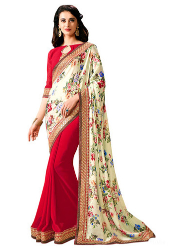 Embroidered Dazzling Beige Georgette Designer Saree
