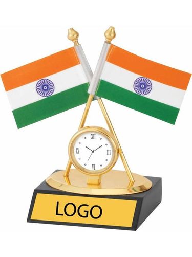 Twin Flag Desktop - Wood, 4x3x2 Inches, Black Base, Quartz Clock | Patriotic Display, Customizable Logo, Desk Decor