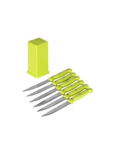 7 pcs Knife Set - Stainless Steel 21 cm Blades, Lime Green, Smooth & Serrated | Sharp Blades, Durable Handles, Easy Storage