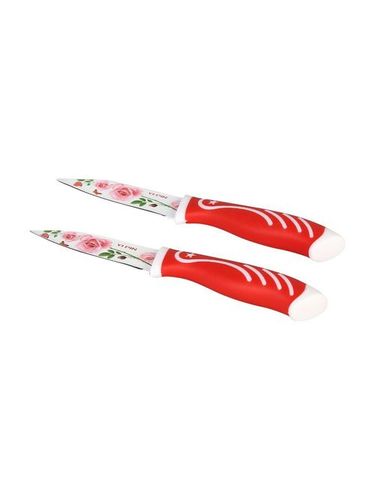 2 Pcs Printed Knife Set - Stainless Steel 9cm Blades, Red Plastic Handles | Ceramic Coating, Floral Design, Non-Stick, Antibacterial