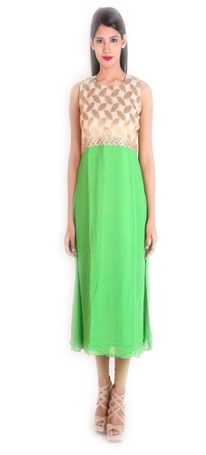 Designer Kurti - Georgette, Below Knee Length, Green & Gold | Slim Fit, Sleeveless, Ethnic Casual Wear