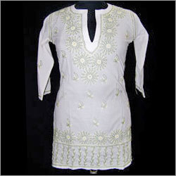 Chikan Kurtis - Cotton, 28 Inch, White, V-neck | Intricate Embroidery, Comfortable Fit, Stylish Look
