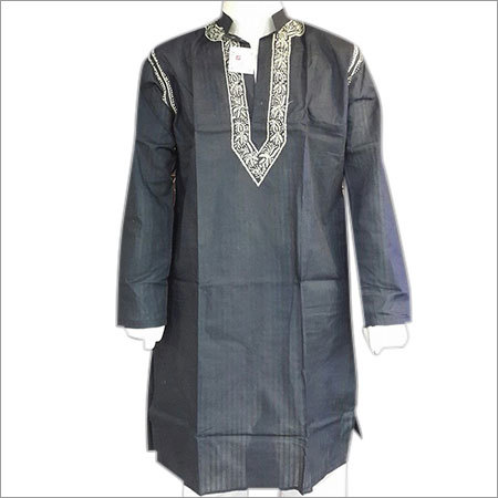 Lucknowi Chikankari Mens Self Iining Black Cotton Kurta