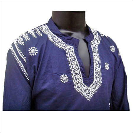 Ethnic Navyblue Short Cotton Kurta Shirt Men Chikankari Embroidered