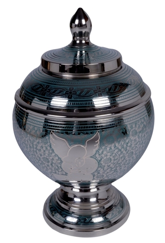 Gifts And Crafts Bluish Flower Engraved Brass Urn
