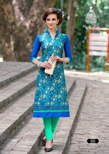 Designer Kurtis - Cotton Fabric, 44 Inches Length, Blue Color | Comfortable Fit, Elegant Look, Mandarin Collar, Printed 3/4 Sleeves, Stylish Design