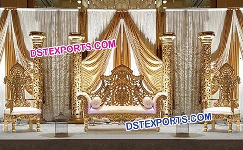 Muslim Wedding Reception Stage - Wood and Fabric, Gold Color, Foldable Design | Elegant, Easy Assembly, Durable, Customizable