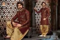 Trendy Heavy Brocade Indowestern Sherwani - Dark Maroon With Zari Embroidery, Patiala Set, Long Sleeves, Dry Clean Only