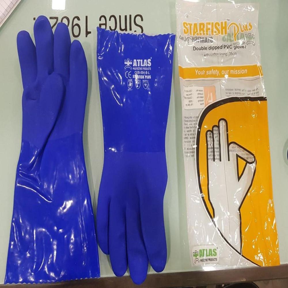 Atlas Make PVC Supported 14" Hand Gloves - Rubber Material, Full Fingered, Color Blue | Heat Resistant, Cut Resistant, Waterproof, Unisex