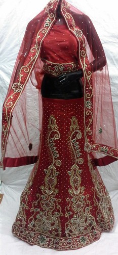 Bridal Designer Lehenga - Intricately Embroidered, Mehroon Color with Traditional Style, Short Sleeves Design