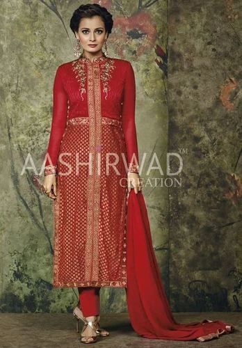 Red Color Georgette Embroidered Suit - Semistiched Top, Unstiched Santoon Bottom, Party Wear Elegant Design