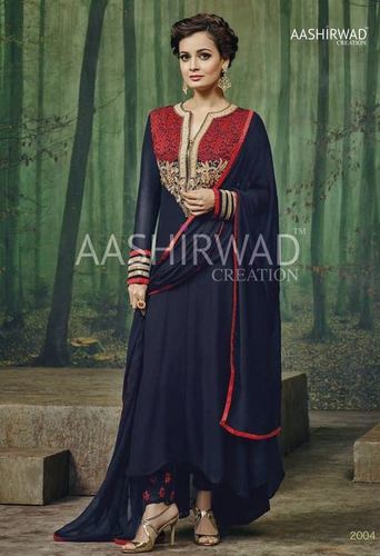 Blue Color Georgette Embroidered Suit - Semistiched Top, Unstiched Santoon Bottom, Party Wear Elegant Design