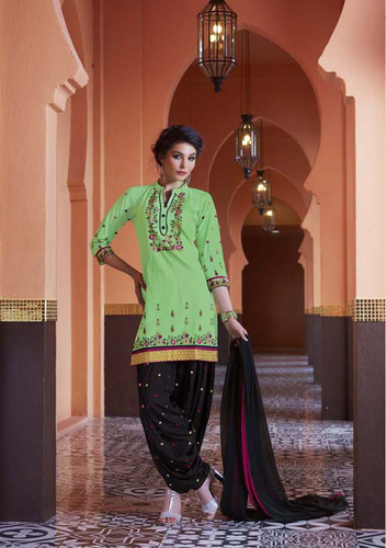 Weding Salwar Kameez - Pure Cotton, Shantoon & Chiffon, Green & Black, Embroidered, Casual Party Wear, Upto 42 Inch Bust