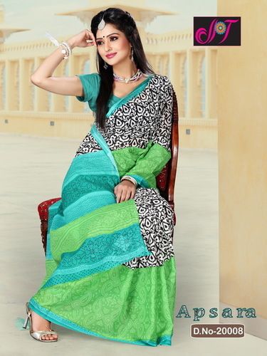 Green Block Printed Cotton Sarees