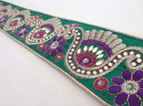Designer Laces - Fine Thread, 9+ Meter, Green | Mirror Beads, Paisley Pattern, Shiny Elegant Design