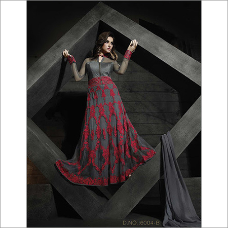 Gray Embroidered Designer Georgette Salwar Suit