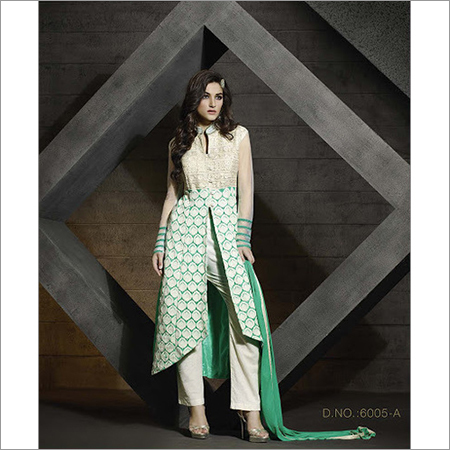 Green & Cream Embroidered Designer Georgette Salwar Suit