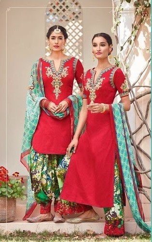 Red Color Cotton Stylist Salwar Suits - Cotton, Semi-Stitched Top, Unstitched Green Bottom | Embroidered, Stylish, Casual Wear