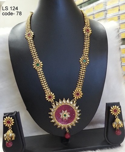 Antique Long Set - Copper Alloy, Diamond Stone | Stunning Shine, Finely Finished, Jhumka Style