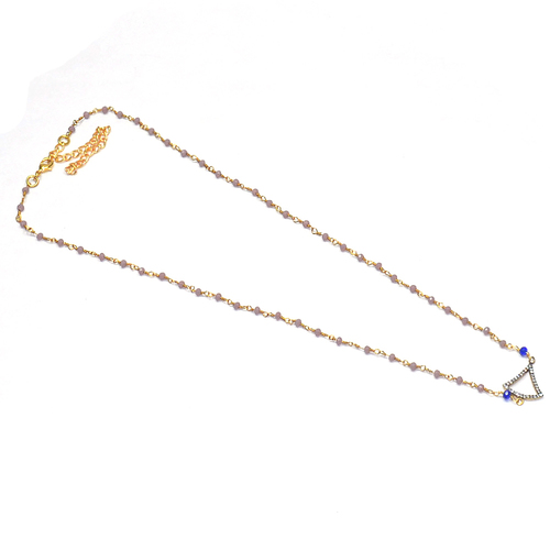 Pink Opal with Tazanite , cz925 Solid Sterling Sliver Beaded Necklace