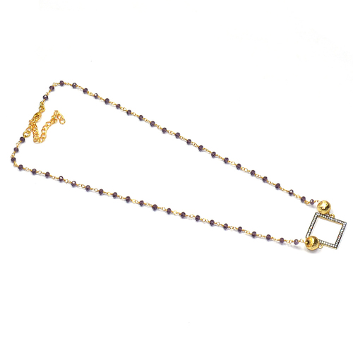 Amethyst with Cz 925 Solid Sterling Sliver Beaded Necklace