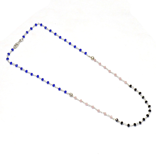 Tanazanite , Pink Amethyst with Black Onyx 925 Sterling Sliver Beaded Necklace