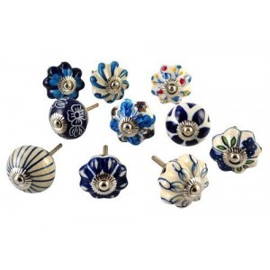 Set of 12 Blue and White Hand Painted Ceramic Pumpkin Knobs Cabinet Drawer Handles Pulls