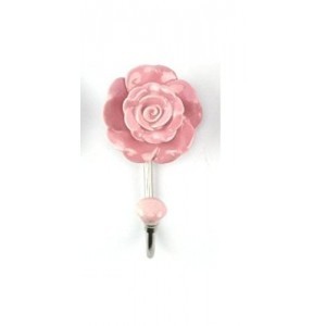 Set of 2 Rose Flower Ethnic Ceramic Key Hat Coat Hook Wall Decor Hook (Pink)