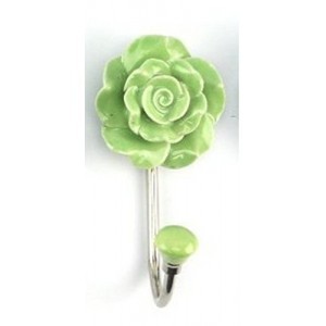 Set of 2 Rose Flower Ethnic Ceramic Key Hat Coat Hook Wall Decor Hook (Green)