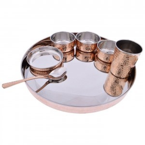 Copper Stainless Steel Dinnerware Thali Set Traditional Indian Cuisines Serving Utensils Set