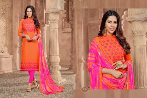 Chanderi Suits - Chanderi Work Top, Cotton Bottom, Chiffon Printed Dupatta with Lace | Casual Ethnic Wear, 3/4th Sleeves, Breathable, Washable, All Season