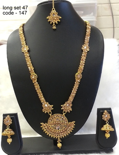 Antique Long Set - Copper Alloy with Diamond Accents | Stunning Shine, Finely Finished, Latest Design with Earring Style