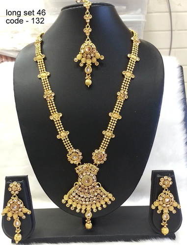Antique Long Set - Copper Alloy with Diamond Accents | Stunning Shine, Finely Finished, Earring Style, Latest Design