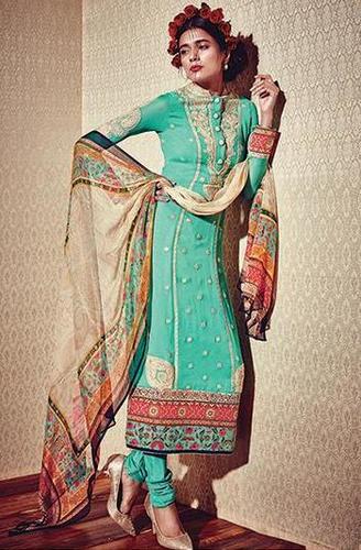 Aquamarine Color Stylist Georgette Salwar Suits - Georgette Top, Santoon Bottom, Embroidered, Unstitched, Casual Wear