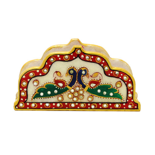 Napkin Holder - Marble & Metal 3x2x1 Inches Off-white | Hand-Painted Peacock Design Elegant Durable Finish