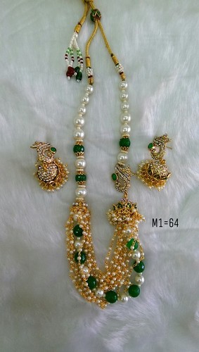 Antique Mala Set - Metal & Pearl, 64cm Length, Off-White Color | Durable Finish, Royal Look, Stylish Jhumka Design, Elegant Pattern