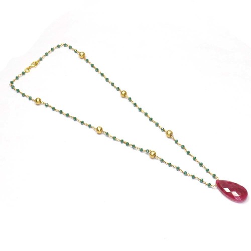 Green Onyx With Dyed Ruby 925 Solid Sterling Sliver Beaded Necklace Jewelry