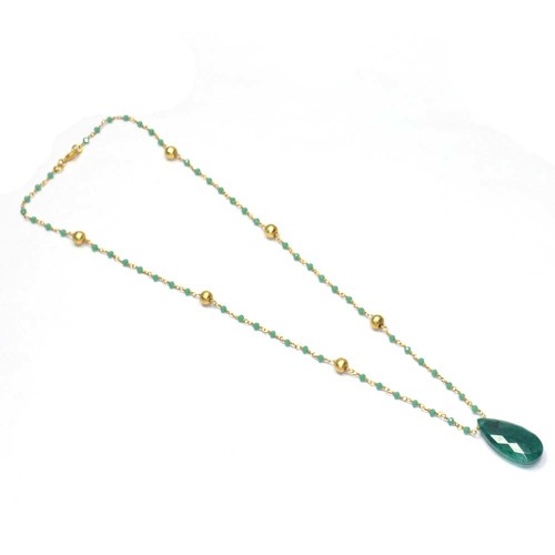 Green Onyx with Dyed Emerald 925 Solid Sterling Sliver Beaded Necklace Jewelry
