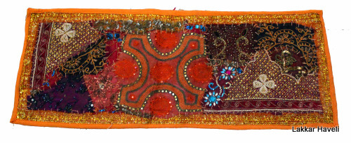 Indian Beads Work Vintage Tapestry Orange Color Hand Embroidered Wall Hanging