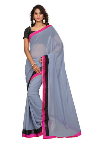 Grey Georgette Saree - Soft Georgette, Lace Border, Dhupian Blouse | Printed Design, Elegant Drape, Fast Dispatch