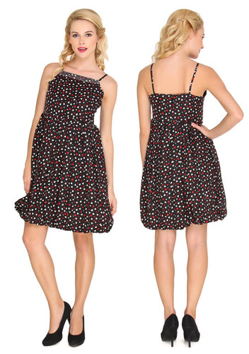 Ladies Sleeveless Short Dress - Polyester Poly Crape, Length 660.4mm, Bust 914.4mm, Hip 863.6mm, Black Color | Quick Dry, Cool Dry, All Season Wear, Regular Fit, Printed Pattern, Round Neck