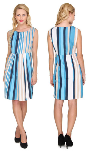 Ladies Denim - Polyester Blue Casual Dress, Regular Fit, Sleeveless with Round Neck and Curved Hemline, Available in Sizes S to XXL